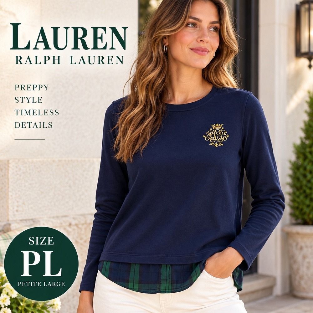 Lauren Ralph Lauren Plaid Hem Gold Crest Top Women PL Navy Blue Layered Look